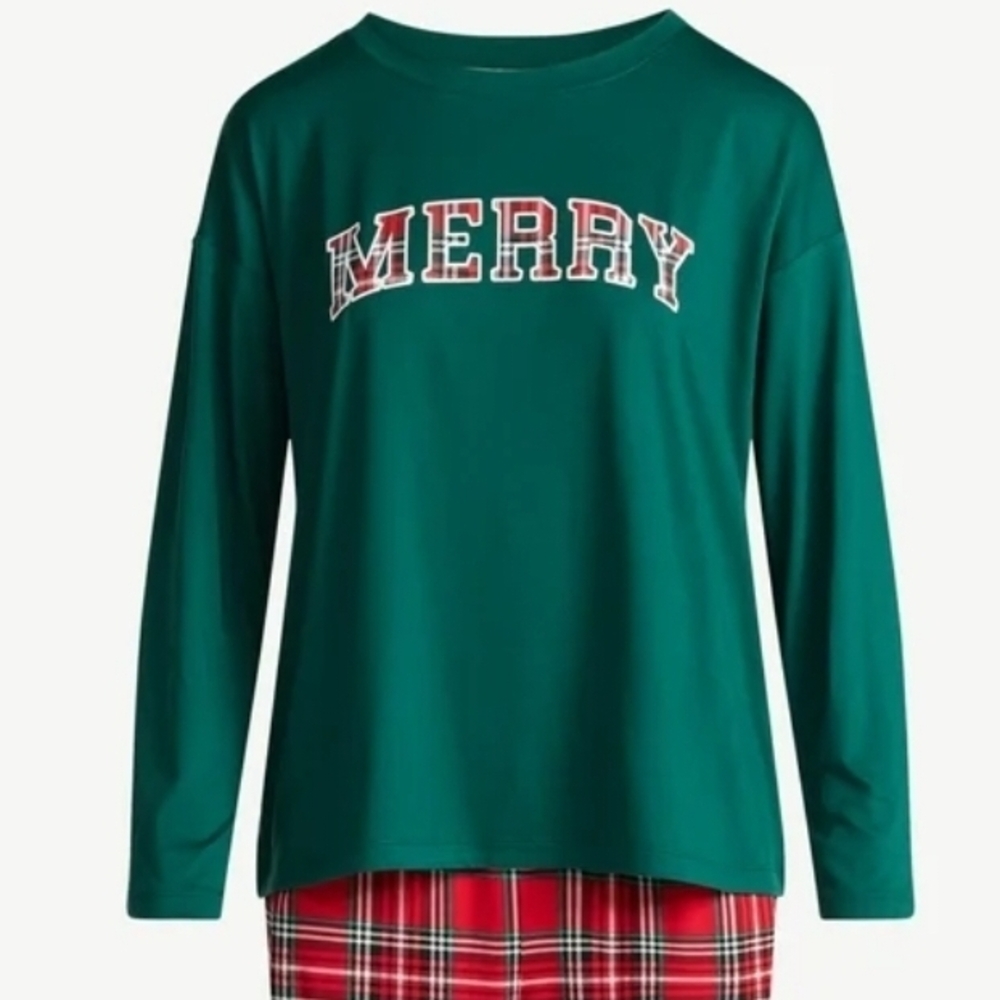 Joyspun NEW Green Merry Plaid Christmas Pajama Top XL 16-18 Long Sleeve Soft